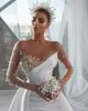 Vestidos de noiva de sereia de cetim de ilusão sexy crtstal miçanga de pescoço puro de manga longa vestidos de noiva