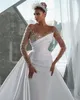 Sexy Illusion Satin Mermaid Wedding Dresses Crtstal Beading Sheer Neck Long Sleeve Bridal Gowns Romantic Dress Robe De Mariee