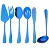 Dinnerware Sets Mirror Blue Stainless Steel Cutlery 6Pcs Service Spoon Serving Fork Colander Flatware Western Kitchen Tableware Set