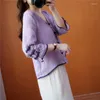 Ethnic Clothing Purple Embroidery Shirt Short V Neck Patchwork Style Tang Suit Cardigan Chinese Blouse Women China Traditional Retro Top