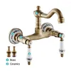 Kitchen Faucets Wall Mount Antique Faucet Ceramic Handle Brass Cold Water Mixer Tap Dual Hole Sink