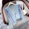 Cardigan Women Sweater White Ruffles Tops Korean Chic Fashion V-Neck Knitted Clothes Spring Autumn Pink Patchwork Casual 2023