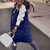 女性のダウン冬のベストチョッキの女性長いフードノースリーブウォームコート特大のキルティングアウトドアジャケットはポケットでゆるい