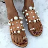 Tofflor Summer Slides for Women 2022 One-Word Thong Pearl Flat Sandals Ladies Large Size Roman Casual Shoes Sandalias Mujer