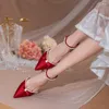 Sandals French Wedding Shoes High Grade Satin Cloth Pearl String Ankle Strap Bride Dress Pumps White Bowknot Heel Hollow