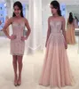 Vestidos de Baile Rosa 2023 Decote Transparente Renda Frisada Decote Coração com Saia Destacável Vestido de Noite Feito sob Medida Vestido de Noite Formal Vestidos Plus Size