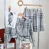 Tracksuits voor dames Koreaanse mode Korte sets Women V Hals met één borte met hoge taille veter blouse vrouw plaid casual sport shorts drop