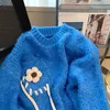 Sweater Women Long Sleeve Blue O-Neck Knitted Pullovers Floral Korean Sweet Simple Loose Autumn Winter Jumpers New 2023