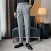 Ternos masculinos de estilo britânico British Business Formal Wear Houndstooth Pants Men Clothing 2022 Simple Slim Fit Casual Straight Office Troups 36