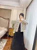 レディースニットティー韓国ファッションセーターホワイトブラックストライプショートカーディガン女性エレガント長袖
