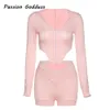 Women's Two Piece Pants Streetwear 2 Piece Women Tracksuits Irregular Long Sleeve Zipper Hoodies Cropped Shirts Biker Shorts Joggers Two Piece Pink Sets T221012