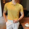 Camisetas de hombre 2022 Nuevo cárdigan de punto de malla de color sólido informal Polo italiano de verano de seda de hielo para hombre de manga corta camisa polo de solapa delgada británica L221121