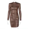 Fritidsklänningar konstläder staplade Bodycon Kvinnor Midiklänning Långärmad Höst Sexig Club Partywear Ruched Mini PU