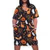 Plus Size Dresses Funny Halloween Print Dress V Neck White Ghost Vintage Female Aesthetic Pattern Casual With Pockets 4XL