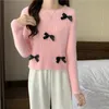 Pull en laine mohair à col rond pour femmes pulls courts tricotés avec nœud mignon