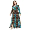 Ropa étnica Boho Tallas grandes Mujeres Impreso Floral Flojo Maxi Vestido Musulmán Abaya Irregular Holiday Beach Wrap Slit Belted Long Sundress