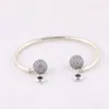 925 Sterling Silver Open Bangle Bracelet with Clear Cz Pave Ball Fits European Pandora Jewelry Charm