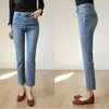Kvinnors jeans kvinnors mode denim rak ben byxor bantar höststräcka beskuren retro elegant vintage färgmärke