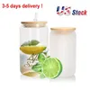 US Stock SubliMation Glass Beer Mugs With Bamboo Lid Straw Diy Blanks Frosted Clear Can Tumblers Cups Heat Transfer Cocktail Iced Coffee Soda Whisky SS1121