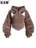 Women's Hoodies Sweatshirts EAM Brown Back Bow Irregular Cut-out Sweatshirt Hooded Long Sleeve Women Big Size Fashion Spring Autumn 1DF1820 221119