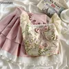 Vestido de duas peças vestidos casuais saia lolita conjunto de mulheres elegantes France France Bow Square Gollar Buff Blouse Crots Tops