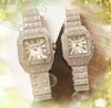 Diamants complets Hommes Femmes Carré Montres romaines Mouvement à quartz Iced Out Shiny Lover set tarière crime date automatique haut de gamme Couples Style Montres-bracelets classiques