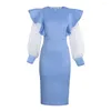 Robes de taille plus midi robe de fête femme sexy bouffée puff longue manche bodycone ciel bleu mignon réduffes dames élégant automne grand 3xl