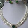 Mode-sieraden Noblest Authentic 8-9mm witte Zoetwaterparel ketting groene Jade oorbellen set