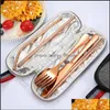 Flatware Sets Portable 8Pcs/Lot Flatware Set 5 Colors Tableware Outing Dinnerware Ecofriednly Stainless Steel St Brush Spoon Fork Ch Dhoxp