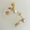 Dangle Earrings Beautiful Natural Shell Flower White Freshwater Cultured 5-6MM Pearl Tibetan Silver