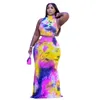 Survêtements de grande taille pour femmes XL5XL Ensembles de taille plus Femmes Vêtements d'été Sexy Tie Dye Haut sans manches et jupe longue 2 Ensemble de deux pièces Costume de robe en gros 221121