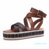 Women Boundary Wedge Sandals Academy Flat 4 cm Czarno -Brown Brown Passenger Starboard Line Peep Otwarte buty