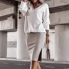 Zweiteiliges Kleid, Freizeitkleider, Bürodame, Strick-Outfits, Damen-Strickpullover und Rock, zweiteiliges Set für Damen mit V-Ausschnitt, elegante Oberteile, weiblich, sexy Skit-Röcke