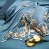 HighEnd Gold Embroidery Bedding Set Luxury 4pcs Blue Egypt Cotton Duvet Cover Bed Sheet Linen Pillowcases Solid Color Home Textil1426249