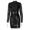 Fritidsklänningar konstläder staplade Bodycon Kvinnor Midiklänning Långärmad Höst Sexig Club Partywear Ruched Mini PU