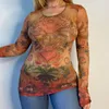 Kadın Tişörtleri Y2K Estetik Mesh Gömlek Vintage Kadınların Üstleri Çiçek Bitki Uzun Kollu Baskı Yaz Gündelik Tee Clubwear Grunge