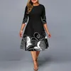 Kleider in Übergröße Kleider in Übergröße Eleganter Tribal-Print Lässiges Midikleid Schwarz Herbst Damen Rundhalsausschnitt Weihnachtsabendoutfits 4XL 5XL 221121