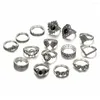 Cluster Rings Wholesale 15pcs/Set Bohemia Geometric Set Lotus Flower Carved Black Knuckle Women Ring Drop