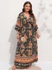 Vestidos de tamanho grande finjani plus size mulheres vestidos retro floral estampa profunda vneck split cota vestido sexy cintura alta maxi vestidos 4xl 221121