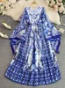 Sukienki na co dzień Maxi sukienka kobiety rękaw w kształcie skrzydła nietoperza niebiesko-biały druk porcelany czeski wakacyjny projektant mody lato Faldas 2022