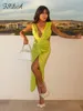 Abiti casual FSDA Deep V Neck Women Bodycon Dress Sexy Backless Midi Split Green Summer Sleeveless Beach Party Club 221121