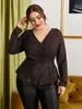 Camiseta plus size feminina plus size 4xl lantejão peplum blusas femininas de manga longa de grandes dimensões outono v pescoço elegante camisetas sólidas roupas grandes 221121