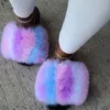 Slippers Summer Real Fur Plush Fluffy Sandals Women Flat Slides Natural Home Flip Flops Female Large Size Slipper 221203