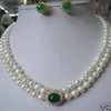 Mode-sieraden Noblest Authentic 8-9mm witte Zoetwaterparel ketting groene Jade oorbellen set