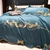 High-end ouro bordado conjunto de cama luxo 4 pçs azul egito algodão capa edredão folha linho fronhas cor sólida casa textil253v