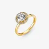 Yellow Gold plated Sparkling Round Halo Ring with Original Box for Pandora Real Sterling Silver CZ diamond Wedding Gift Jewelry Rings For Women Girls