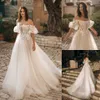 Ivory Lace Wedding Dresses Strapless Neckline Bridal Gowns Appliqued Short Sleeves A Line Sweep Train Tulle Vestido De Novia