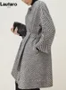 Women Blends Lautaro Autumn Winter Black and White Zigzag Woolen Coat Women Sashes A Line Loose Elegant Stylish Runway Korean Fashion 221119