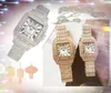 Diamonds Ring Square Roman Dial Watches Women Men Men Move Movement Time Clock Watch زوجين للجنسين مجموعة Auger Lovers Busy Party Sposswatch Wristwatch