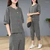 Damen Zweiteilige Hosen Weibliche Mode Baumwolle Leinen Set Sommer Kurzarm Plaid Top Lässige Geerntete Hose Zweiteiliger Anzug Für Kleine